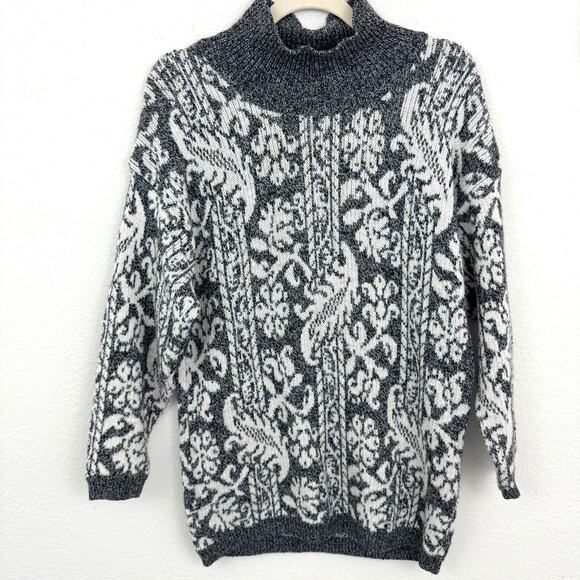 Benetton Womens Mock Neck Pullover Sweater Size L/XL Wool Alpaca Gray Cream - Picture 1 of 8